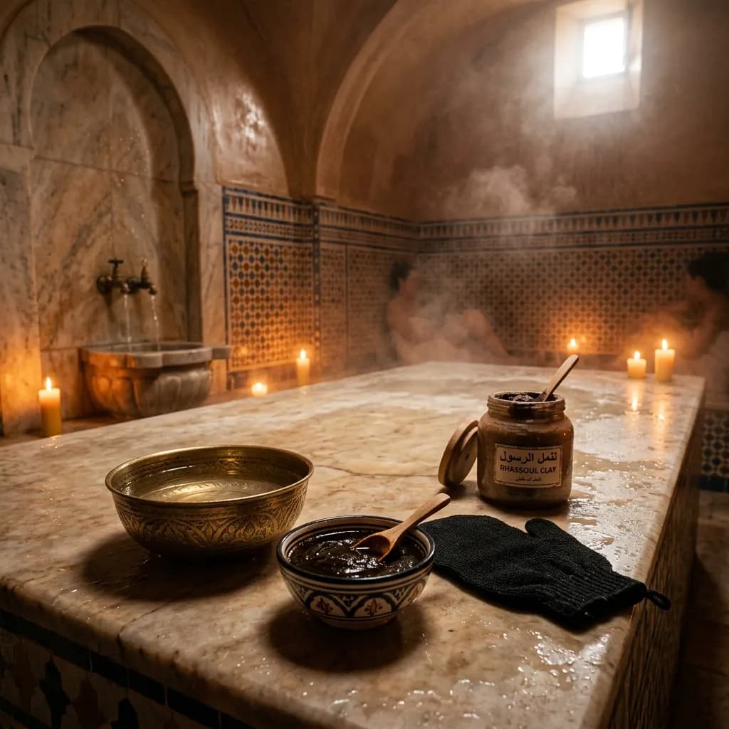 Savon noir, gant de kessa et rassoul posés sur une table de hammam en marbre