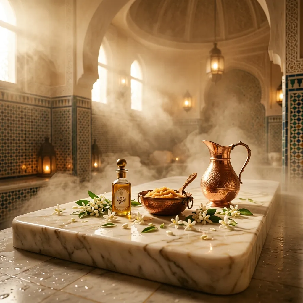 Table de hammam en marbre avec aiguière en cuivre, huile d'argan et fleurs