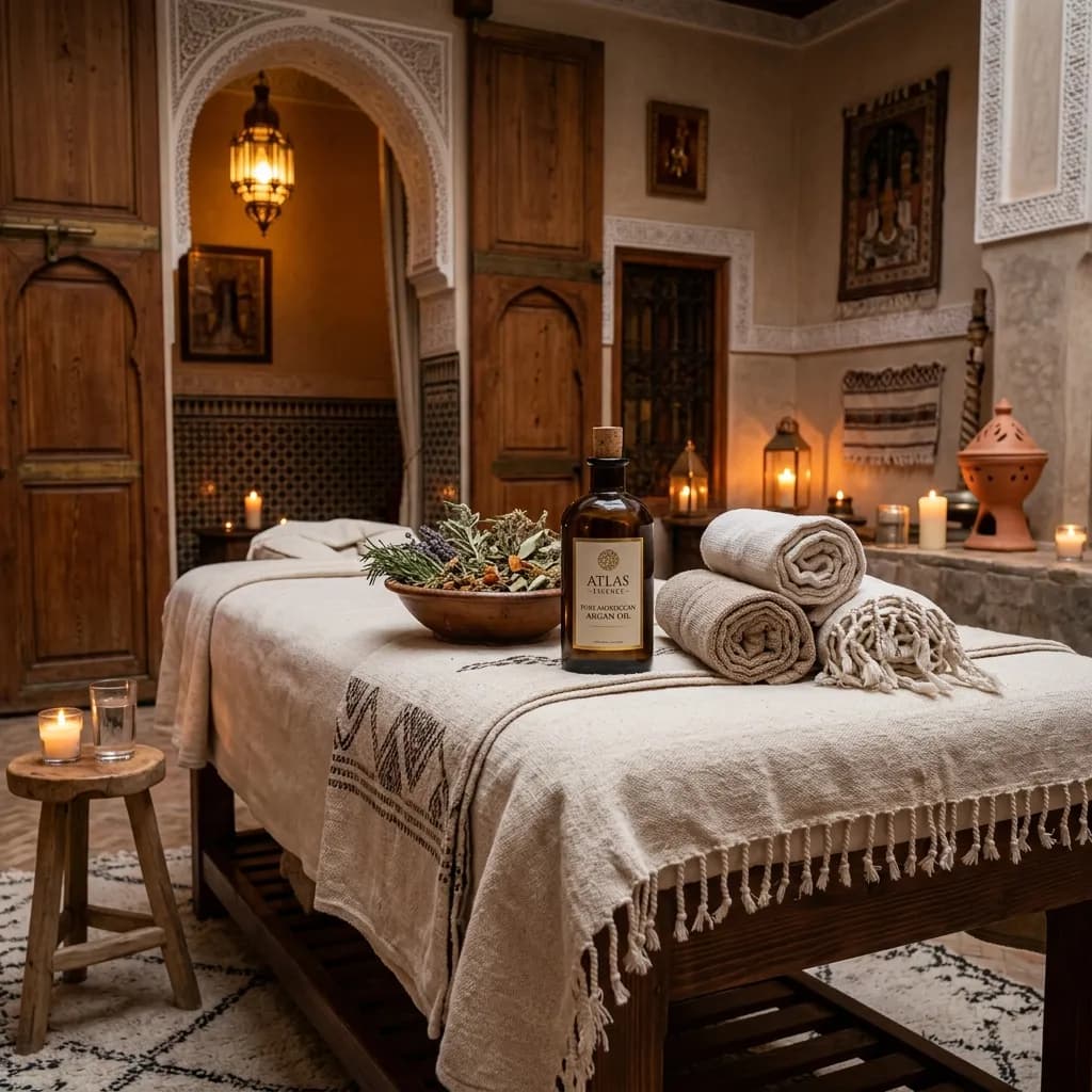 Table de massage dressée avec huile d'argan et serviettes dans un décor marocain