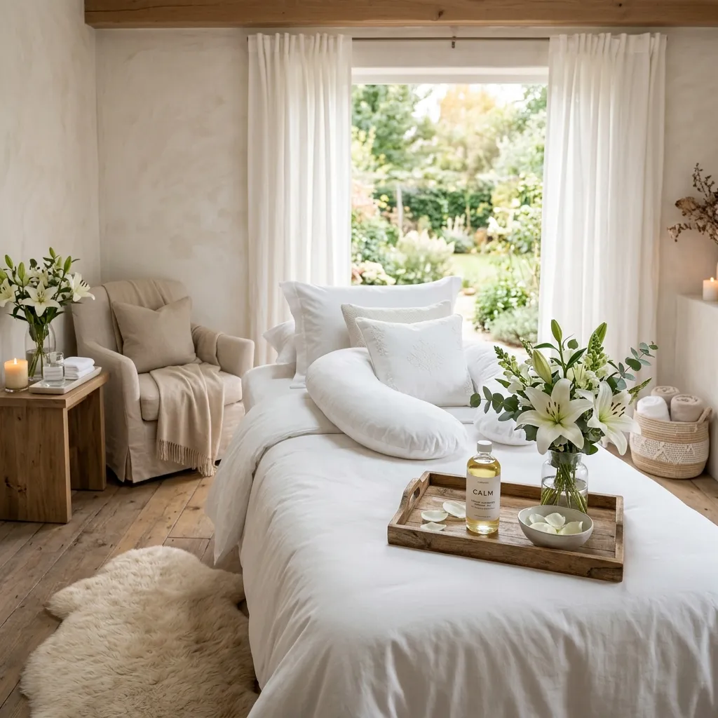 Chambre lumineuse avec lit, coussins et fleurs, préparée pour un massage de grossesse