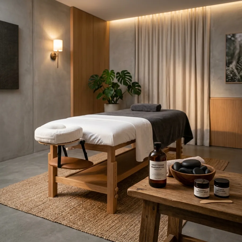 Table de massage avec huile et pierres, prête pour un massage sportif